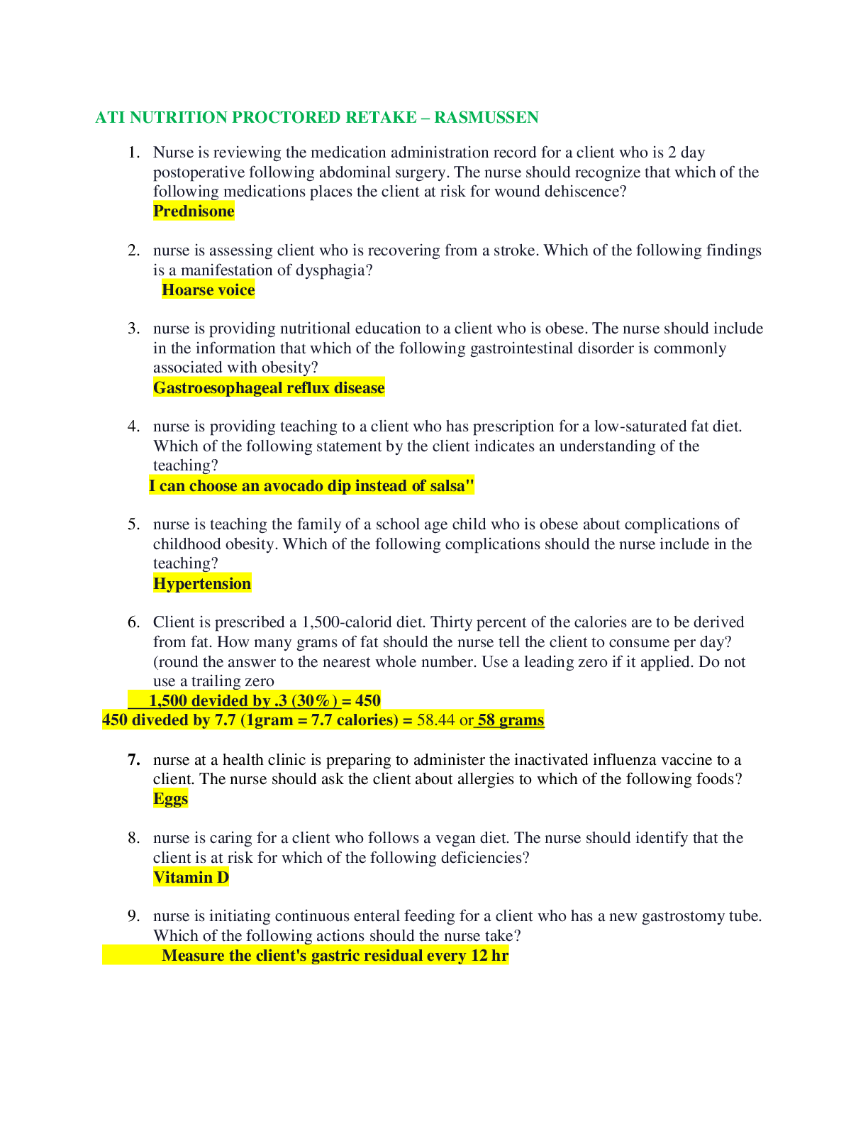Preview of ATI NUTRITION PROCTORED RETAKE – RASMUSSEN